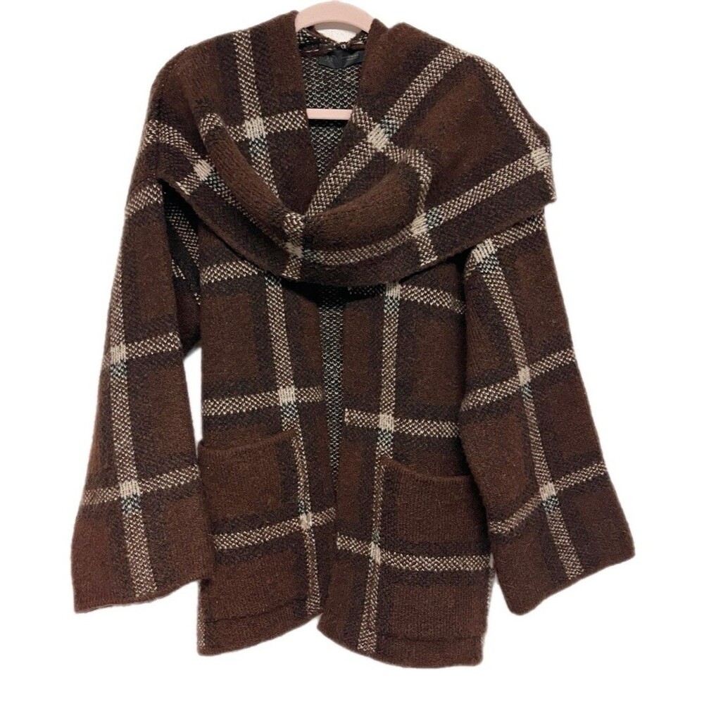 Zara Short Check Plaid Coat With Scarf Detail Size S-M Brown Open Front Cardigan